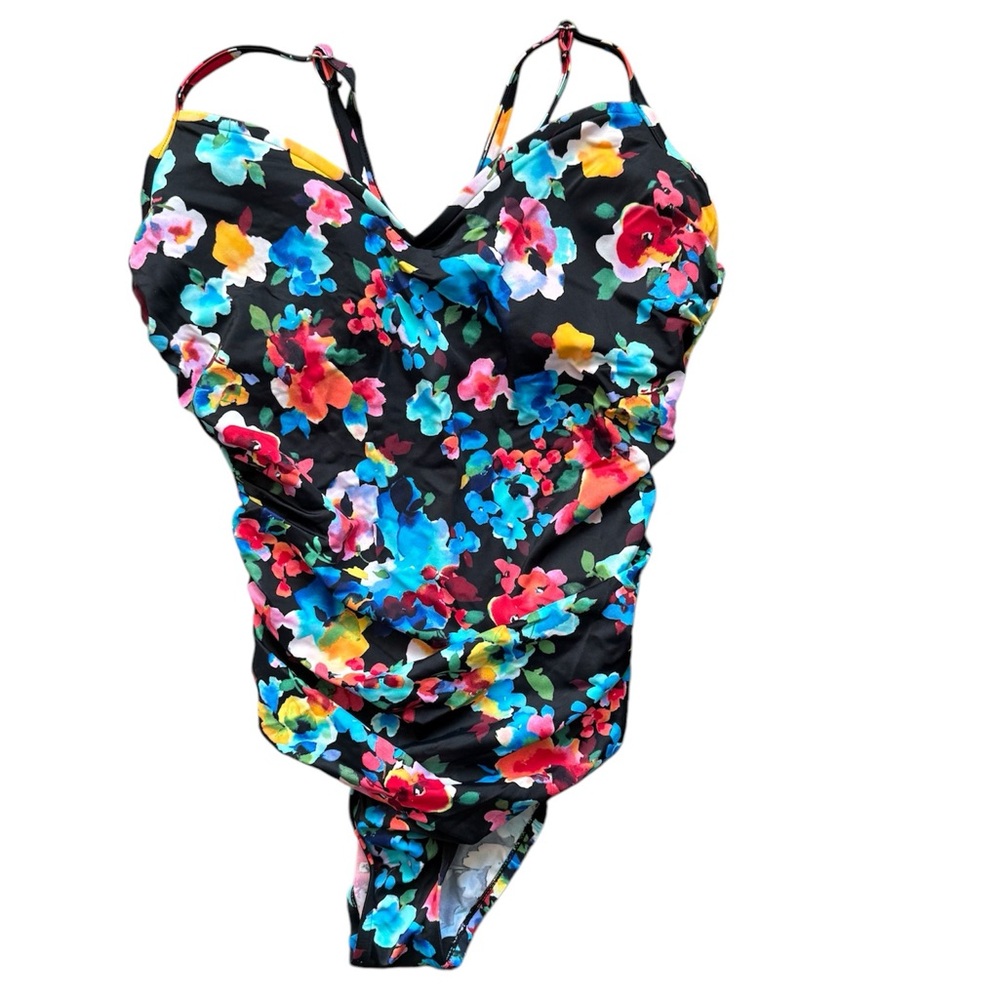 One piece bathing suit, black with bright flowers. Size L